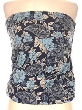 Free People Women's Ruched Bandeau Tube Top In Blue Floral Paisley - Medium